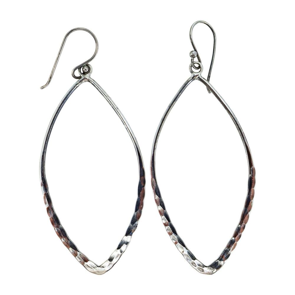 Sterling Silver Hammered Marquise Openwork Dangle Earrings 2.5” Lightweight 3g